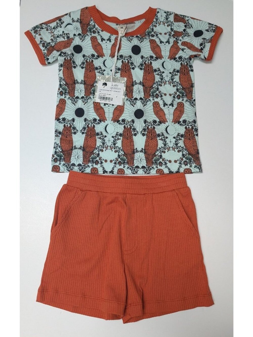 Kate Quinn Rust Mystical Owl Print Ringer T-Shirt & Shorts Set 3T Spooky